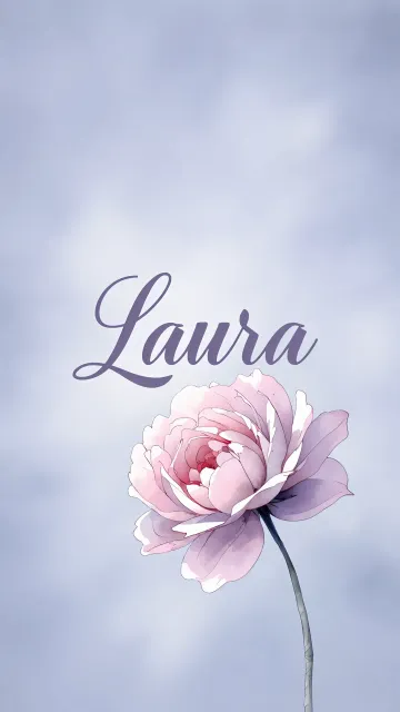 Laura diseño 5 - Nombre en elegante tipografía cursiva caligráfica en tono lavanda, sobre fondo acuarela de cielo nublado en tonos pastel (azul, blanco, lavanda), decorado con rosa en acuarela de pétalos rosa pálido, blanco crema y lilas suaves con hojas en gris-verde.