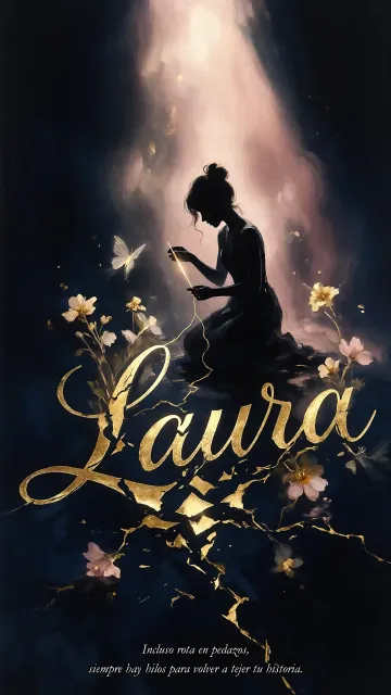 Laura diseño 6 - Composición de ilustración semirrealista cinematográfica con silueta femenina tejiendo un hilo dorado de luz sobre un suelo oscuro fracturado al estilo Kintsugi, donde el nombre resalta en un prominente guión caligráfico dorado que emerge de las grietas, rodeado de flores blancas, mariposas y un fondo degradado de azules profundos iluminado por una luz celestial en tonos melocotón y crema, con una frase de aliento en tipografía blanca en la parte inferior.