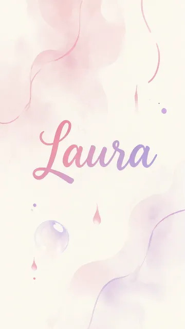 Laura diseño 7 - Diseño abstracto en acuarela sobre fondo crema, con manchas fluidas y etéreas en rosa pastel y lila, líneas curvas que aportan movimiento, pequeñas gotas salpicadas cayendo verticalmente y una burbuja translúcida en la parte superior izquierda. El nombre resalta al centro con una tipografía cursiva amplia y elegante en degradado rosa a morado.