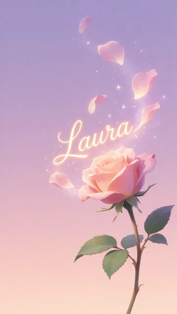 Laura diseño 8 - Fondo de Pantalla con degradado suave que transiciona de lila en la parte superior a melocotón y rosa pastel en la base, destacando una rosa rosada hiperrealista con tallo y hojas verdes. El nombre brilla en tipografía cursiva con efecto neón cálido, adornado con pétalos cayendo y chispas de luz mágica.