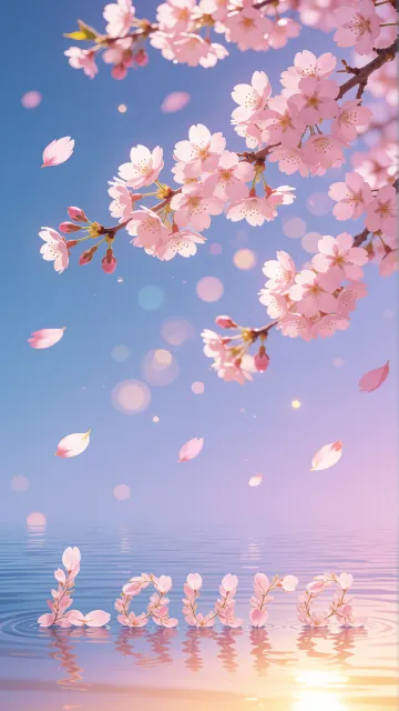 Laura diseño 9 - Composición serena y onírica con ramas de cerezo en flor (sakura) en la parte superior contra un cielo en degradado de azul suave y lila. Pétalos de color rosa pastel flotan delicadamente en el aire cayendo hacia una superficie de agua tranquila y cristalina. En el centro inferior, el nombre está formado por pétalos de flores con un sutil efecto de relieve 3D y tipografía floral, reflejándose sobre el agua que está iluminada por un cálido destello dorado de luz solar en la esquina inferior derecha.