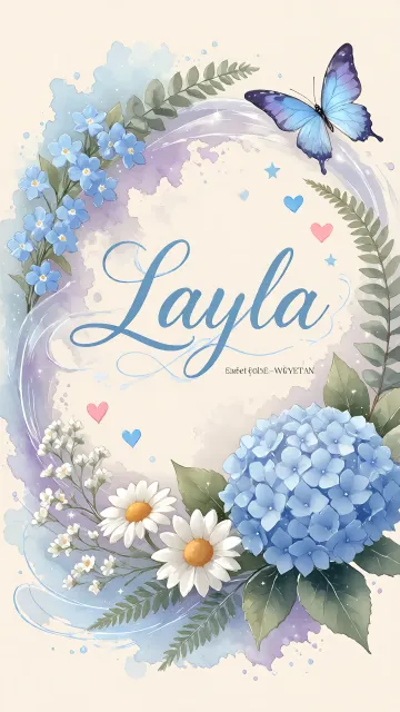 Layla diseño 1 - Hortensias azules, flores pequeñas y acuarela suave con mariposas azules y brillo etéreo