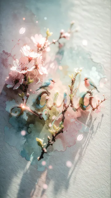 Layla diseño 11 - Un delicado diseño de estilo acuarela digital que combina una tipografía de caligrafía personalizada para el nombre en tonos dorados y rosados suaves, adornada con pequeñas hojas y brotes. Un pajarito azul y naranja vibrante está posado en una de las letras. Todo está rodeado por un marco circular de ramas de cerezo en flor con delicadas flores rosadas y blancas. El fondo es un lavado de acuarela difuminado en tonos pastel suaves de azul cerceta, rosa rubor y melocotón sobre una textura de papel rugoso, con destellos luminosos y motas de luz bokeh flotando alrededor, creando una atmósfera mágica y soñadora. Las sombras suaves proyectadas añaden profundidad.