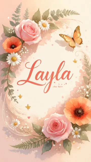 Layla diseño 3 - Elegante composición de rosas rosadas y amapolas naranjas con mariposas doradas brillantes sobre un fondo cálido, romántico y mágico.