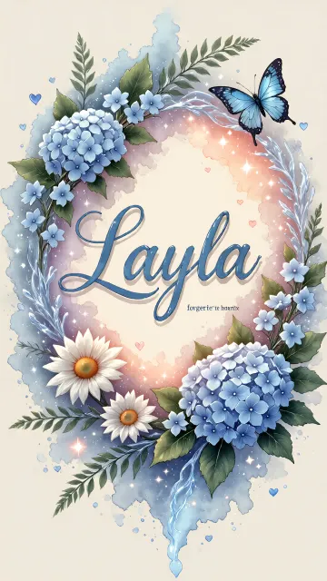Layla diseño 4 - Composición magica con nombre en letra cursiva azul, rodeado de hortensias azules, margaritas blancas y delicadas flores silvestres, enmarcado por suaves remolinos de agua, mariposas azules y destellos estelares sobre un fondo etéreo y romántico.