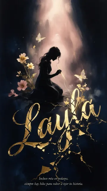 Layla diseño 6 - Composición de ilustración semirrealista cinematográfica con silueta femenina tejiendo un hilo dorado de luz sobre un suelo oscuro fracturado al estilo Kintsugi, donde el nombre resalta en un prominente guión caligráfico dorado que emerge de las grietas, rodeado de flores blancas, mariposas y un fondo degradado de azules profundos iluminado por una luz celestial en tonos melocotón y crema, con una frase de aliento en tipografía blanca en la parte inferior.