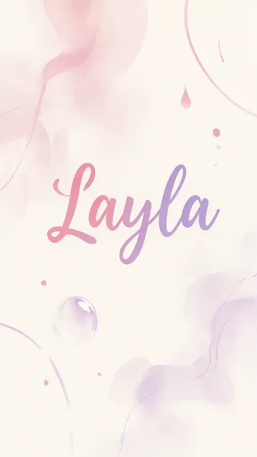 Layla diseño 7 - Diseño abstracto en acuarela sobre fondo crema, con manchas fluidas y etéreas en rosa pastel y lila, líneas curvas que aportan movimiento, pequeñas gotas salpicadas cayendo verticalmente y una burbuja translúcida en la parte superior izquierda. El nombre resalta al centro con una tipografía cursiva amplia y elegante en degradado rosa a morado.