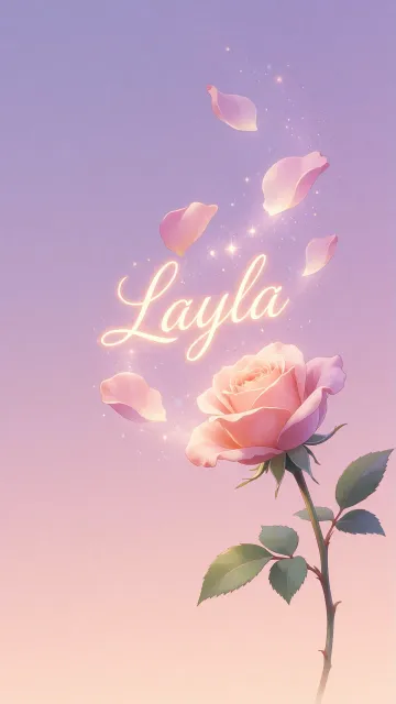 Layla diseño 8 - Fondo de Pantalla con degradado suave que transiciona de lila en la parte superior a melocotón y rosa pastel en la base, destacando una rosa rosada hiperrealista con tallo y hojas verdes. El nombre brilla en tipografía cursiva con efecto neón cálido, adornado con pétalos cayendo y chispas de luz mágica.