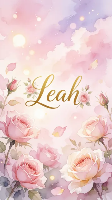 Leah diseño 10 - Diseño estilo acuarela con un fondo etéreo y texturizado en nubes de tonos rosa pastel y lila suave. Presenta composiciones de rosas abiertas y capullos en los bordes inferior y superior, con pétalos cayendo delicadamente. Incorpora destellos de luz cálida (efecto bokeh) y, en el centro, resalta una tipografía elegante, cursiva y fluida en color dorado.