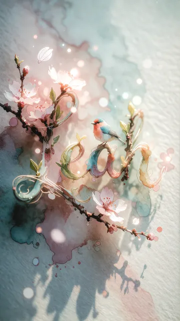 Leah diseño 11 - Un delicado diseño de estilo acuarela digital que combina una tipografía de caligrafía personalizada para el nombre en tonos dorados y rosados suaves, adornada con pequeñas hojas y brotes. Un pajarito azul y naranja vibrante está posado en una de las letras. Todo está rodeado por un marco circular de ramas de cerezo en flor con delicadas flores rosadas y blancas. El fondo es un lavado de acuarela difuminado en tonos pastel suaves de azul cerceta, rosa rubor y melocotón sobre una textura de papel rugoso, con destellos luminosos y motas de luz bokeh flotando alrededor, creando una atmósfera mágica y soñadora. Las sombras suaves proyectadas añaden profundidad.