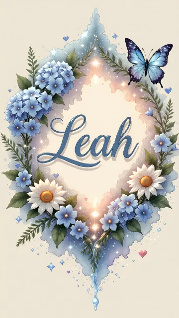 Leah diseño 4 - Composición magica con nombre en letra cursiva azul, rodeado de hortensias azules, margaritas blancas y delicadas flores silvestres, enmarcado por suaves remolinos de agua, mariposas azules y destellos estelares sobre un fondo etéreo y romántico.