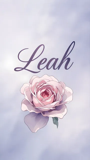 Leah diseño 5 - Nombre en elegante tipografía cursiva caligráfica en tono lavanda, sobre fondo acuarela de cielo nublado en tonos pastel (azul, blanco, lavanda), decorado con rosa en acuarela de pétalos rosa pálido, blanco crema y lilas suaves con hojas en gris-verde.