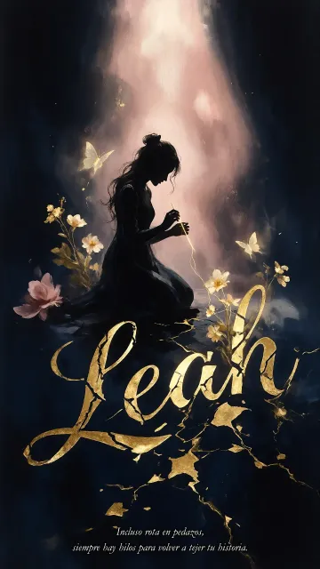 Leah diseño 6 - Composición de ilustración semirrealista cinematográfica con silueta femenina tejiendo un hilo dorado de luz sobre un suelo oscuro fracturado al estilo Kintsugi, donde el nombre resalta en un prominente guión caligráfico dorado que emerge de las grietas, rodeado de flores blancas, mariposas y un fondo degradado de azules profundos iluminado por una luz celestial en tonos melocotón y crema, con una frase de aliento en tipografía blanca en la parte inferior.