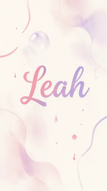 Leah diseño 7 - Diseño abstracto en acuarela sobre fondo crema, con manchas fluidas y etéreas en rosa pastel y lila, líneas curvas que aportan movimiento, pequeñas gotas salpicadas cayendo verticalmente y una burbuja translúcida en la parte superior izquierda. El nombre resalta al centro con una tipografía cursiva amplia y elegante en degradado rosa a morado.