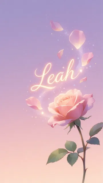 Leah diseño 8 - Fondo de Pantalla con degradado suave que transiciona de lila en la parte superior a melocotón y rosa pastel en la base, destacando una rosa rosada hiperrealista con tallo y hojas verdes. El nombre brilla en tipografía cursiva con efecto neón cálido, adornado con pétalos cayendo y chispas de luz mágica.