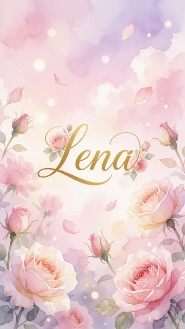 Lena diseño 10 - Diseño estilo acuarela con un fondo etéreo y texturizado en nubes de tonos rosa pastel y lila suave. Presenta composiciones de rosas abiertas y capullos en los bordes inferior y superior, con pétalos cayendo delicadamente. Incorpora destellos de luz cálida (efecto bokeh) y, en el centro, resalta una tipografía elegante, cursiva y fluida en color dorado.