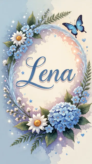 Lena diseño 4 - Composición magica con nombre en letra cursiva azul, rodeado de hortensias azules, margaritas blancas y delicadas flores silvestres, enmarcado por suaves remolinos de agua, mariposas azules y destellos estelares sobre un fondo etéreo y romántico.
