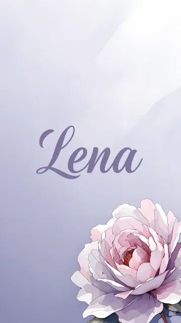 Lena diseño 5 - Nombre en elegante tipografía cursiva caligráfica en tono lavanda, sobre fondo acuarela de cielo nublado en tonos pastel (azul, blanco, lavanda), decorado con rosa en acuarela de pétalos rosa pálido, blanco crema y lilas suaves con hojas en gris-verde.