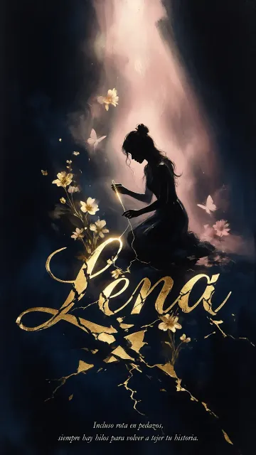 Lena diseño 6 - Composición de ilustración semirrealista cinematográfica con silueta femenina tejiendo un hilo dorado de luz sobre un suelo oscuro fracturado al estilo Kintsugi, donde el nombre resalta en un prominente guión caligráfico dorado que emerge de las grietas, rodeado de flores blancas, mariposas y un fondo degradado de azules profundos iluminado por una luz celestial en tonos melocotón y crema, con una frase de aliento en tipografía blanca en la parte inferior.