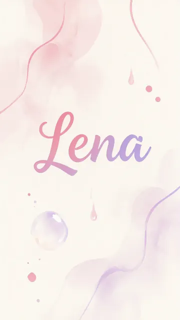 Lena diseño 7 - Diseño abstracto en acuarela sobre fondo crema, con manchas fluidas y etéreas en rosa pastel y lila, líneas curvas que aportan movimiento, pequeñas gotas salpicadas cayendo verticalmente y una burbuja translúcida en la parte superior izquierda. El nombre resalta al centro con una tipografía cursiva amplia y elegante en degradado rosa a morado.