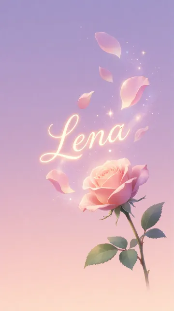 Lena diseño 8 - Fondo de Pantalla con degradado suave que transiciona de lila en la parte superior a melocotón y rosa pastel en la base, destacando una rosa rosada hiperrealista con tallo y hojas verdes. El nombre brilla en tipografía cursiva con efecto neón cálido, adornado con pétalos cayendo y chispas de luz mágica.