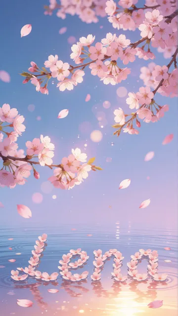 Lena diseño 9 - Composición serena y onírica con ramas de cerezo en flor (sakura) en la parte superior contra un cielo en degradado de azul suave y lila. Pétalos de color rosa pastel flotan delicadamente en el aire cayendo hacia una superficie de agua tranquila y cristalina. En el centro inferior, el nombre está formado por pétalos de flores con un sutil efecto de relieve 3D y tipografía floral, reflejándose sobre el agua que está iluminada por un cálido destello dorado de luz solar en la esquina inferior derecha.