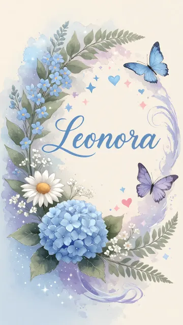 Leonora diseño 1 - Hortensias azules, flores pequeñas y acuarela suave con mariposas azules y brillo etéreo
