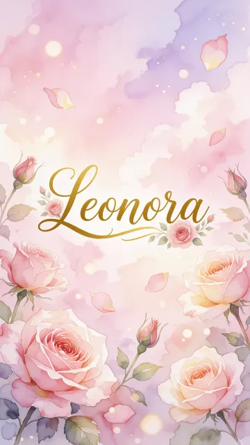 Leonora diseño 10 - Diseño estilo acuarela con un fondo etéreo y texturizado en nubes de tonos rosa pastel y lila suave. Presenta composiciones de rosas abiertas y capullos en los bordes inferior y superior, con pétalos cayendo delicadamente. Incorpora destellos de luz cálida (efecto bokeh) y, en el centro, resalta una tipografía elegante, cursiva y fluida en color dorado.