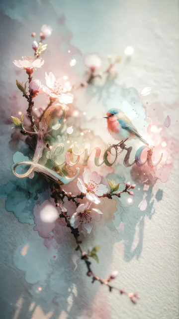 Leonora diseño 11 - Un delicado diseño de estilo acuarela digital que combina una tipografía de caligrafía personalizada para el nombre en tonos dorados y rosados suaves, adornada con pequeñas hojas y brotes. Un pajarito azul y naranja vibrante está posado en una de las letras. Todo está rodeado por un marco circular de ramas de cerezo en flor con delicadas flores rosadas y blancas. El fondo es un lavado de acuarela difuminado en tonos pastel suaves de azul cerceta, rosa rubor y melocotón sobre una textura de papel rugoso, con destellos luminosos y motas de luz bokeh flotando alrededor, creando una atmósfera mágica y soñadora. Las sombras suaves proyectadas añaden profundidad.