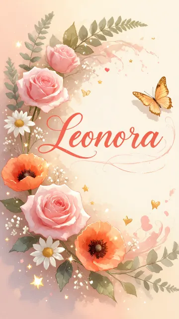 Leonora diseño 3 - Elegante composición de rosas rosadas y amapolas naranjas con mariposas doradas brillantes sobre un fondo cálido, romántico y mágico.