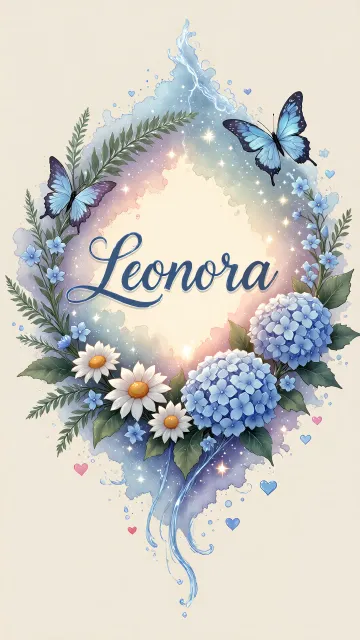 Leonora diseño 4 - Composición magica con nombre en letra cursiva azul, rodeado de hortensias azules, margaritas blancas y delicadas flores silvestres, enmarcado por suaves remolinos de agua, mariposas azules y destellos estelares sobre un fondo etéreo y romántico.