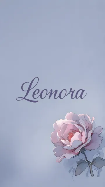 Leonora diseño 5 - Nombre en elegante tipografía cursiva caligráfica en tono lavanda, sobre fondo acuarela de cielo nublado en tonos pastel (azul, blanco, lavanda), decorado con rosa en acuarela de pétalos rosa pálido, blanco crema y lilas suaves con hojas en gris-verde.