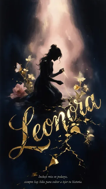 Leonora diseño 6 - Composición de ilustración semirrealista cinematográfica con silueta femenina tejiendo un hilo dorado de luz sobre un suelo oscuro fracturado al estilo Kintsugi, donde el nombre resalta en un prominente guión caligráfico dorado que emerge de las grietas, rodeado de flores blancas, mariposas y un fondo degradado de azules profundos iluminado por una luz celestial en tonos melocotón y crema, con una frase de aliento en tipografía blanca en la parte inferior.