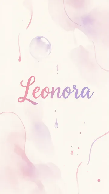 Leonora diseño 7 - Diseño abstracto en acuarela sobre fondo crema, con manchas fluidas y etéreas en rosa pastel y lila, líneas curvas que aportan movimiento, pequeñas gotas salpicadas cayendo verticalmente y una burbuja translúcida en la parte superior izquierda. El nombre resalta al centro con una tipografía cursiva amplia y elegante en degradado rosa a morado.