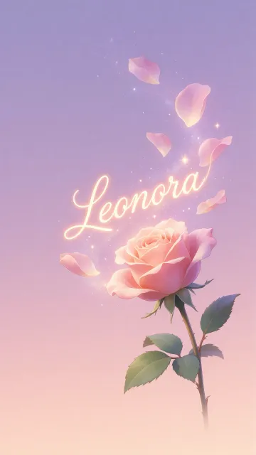 Leonora diseño 8 - Fondo de Pantalla con degradado suave que transiciona de lila en la parte superior a melocotón y rosa pastel en la base, destacando una rosa rosada hiperrealista con tallo y hojas verdes. El nombre brilla en tipografía cursiva con efecto neón cálido, adornado con pétalos cayendo y chispas de luz mágica.