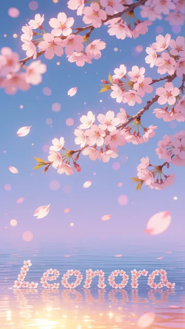 Leonora diseño 9 - Composición serena y onírica con ramas de cerezo en flor (sakura) en la parte superior contra un cielo en degradado de azul suave y lila. Pétalos de color rosa pastel flotan delicadamente en el aire cayendo hacia una superficie de agua tranquila y cristalina. En el centro inferior, el nombre está formado por pétalos de flores con un sutil efecto de relieve 3D y tipografía floral, reflejándose sobre el agua que está iluminada por un cálido destello dorado de luz solar en la esquina inferior derecha.