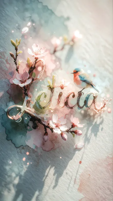 Leticia diseño 11 - Un delicado diseño de estilo acuarela digital que combina una tipografía de caligrafía personalizada para el nombre en tonos dorados y rosados suaves, adornada con pequeñas hojas y brotes. Un pajarito azul y naranja vibrante está posado en una de las letras. Todo está rodeado por un marco circular de ramas de cerezo en flor con delicadas flores rosadas y blancas. El fondo es un lavado de acuarela difuminado en tonos pastel suaves de azul cerceta, rosa rubor y melocotón sobre una textura de papel rugoso, con destellos luminosos y motas de luz bokeh flotando alrededor, creando una atmósfera mágica y soñadora. Las sombras suaves proyectadas añaden profundidad.