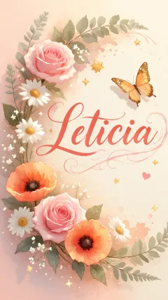 Leticia - Elegante composición de rosas rosadas y amapolas naranjas con mariposas doradas brillantes sobre un fondo cálido, romántico y mágico.