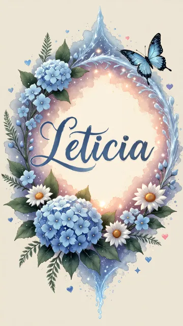 Leticia diseño 4 - Composición magica con nombre en letra cursiva azul, rodeado de hortensias azules, margaritas blancas y delicadas flores silvestres, enmarcado por suaves remolinos de agua, mariposas azules y destellos estelares sobre un fondo etéreo y romántico.