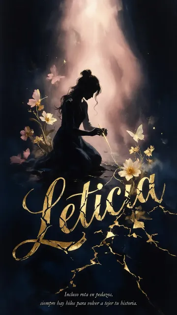 Leticia diseño 6 - Composición de ilustración semirrealista cinematográfica con silueta femenina tejiendo un hilo dorado de luz sobre un suelo oscuro fracturado al estilo Kintsugi, donde el nombre resalta en un prominente guión caligráfico dorado que emerge de las grietas, rodeado de flores blancas, mariposas y un fondo degradado de azules profundos iluminado por una luz celestial en tonos melocotón y crema, con una frase de aliento en tipografía blanca en la parte inferior.