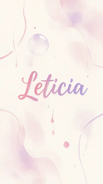 Leticia diseño 7 - Diseño abstracto en acuarela sobre fondo crema, con manchas fluidas y etéreas en rosa pastel y lila, líneas curvas que aportan movimiento, pequeñas gotas salpicadas cayendo verticalmente y una burbuja translúcida en la parte superior izquierda. El nombre resalta al centro con una tipografía cursiva amplia y elegante en degradado rosa a morado.