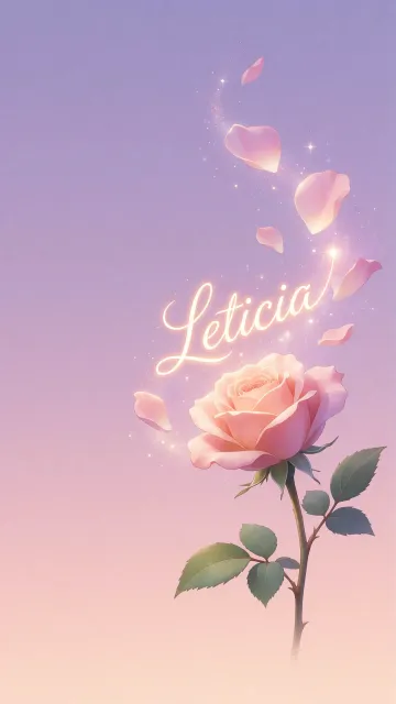 Leticia diseño 8 - Fondo de Pantalla con degradado suave que transiciona de lila en la parte superior a melocotón y rosa pastel en la base, destacando una rosa rosada hiperrealista con tallo y hojas verdes. El nombre brilla en tipografía cursiva con efecto neón cálido, adornado con pétalos cayendo y chispas de luz mágica.