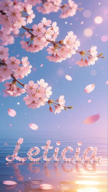 Leticia diseño 9 - Composición serena y onírica con ramas de cerezo en flor (sakura) en la parte superior contra un cielo en degradado de azul suave y lila. Pétalos de color rosa pastel flotan delicadamente en el aire cayendo hacia una superficie de agua tranquila y cristalina. En el centro inferior, el nombre está formado por pétalos de flores con un sutil efecto de relieve 3D y tipografía floral, reflejándose sobre el agua que está iluminada por un cálido destello dorado de luz solar en la esquina inferior derecha.