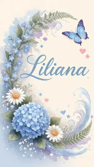 Liliana diseño 1 - Hortensias azules, flores pequeñas y acuarela suave con mariposas azules y brillo etéreo