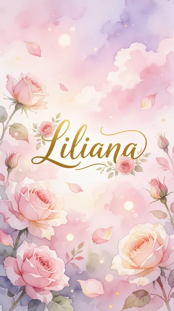 Liliana diseño 10 - Diseño estilo acuarela con un fondo etéreo y texturizado en nubes de tonos rosa pastel y lila suave. Presenta composiciones de rosas abiertas y capullos en los bordes inferior y superior, con pétalos cayendo delicadamente. Incorpora destellos de luz cálida (efecto bokeh) y, en el centro, resalta una tipografía elegante, cursiva y fluida en color dorado.