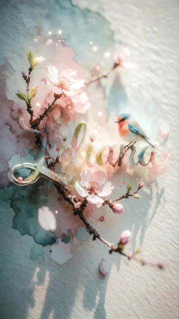 Liliana diseño 11 - Un delicado diseño de estilo acuarela digital que combina una tipografía de caligrafía personalizada para el nombre en tonos dorados y rosados suaves, adornada con pequeñas hojas y brotes. Un pajarito azul y naranja vibrante está posado en una de las letras. Todo está rodeado por un marco circular de ramas de cerezo en flor con delicadas flores rosadas y blancas. El fondo es un lavado de acuarela difuminado en tonos pastel suaves de azul cerceta, rosa rubor y melocotón sobre una textura de papel rugoso, con destellos luminosos y motas de luz bokeh flotando alrededor, creando una atmósfera mágica y soñadora. Las sombras suaves proyectadas añaden profundidad.