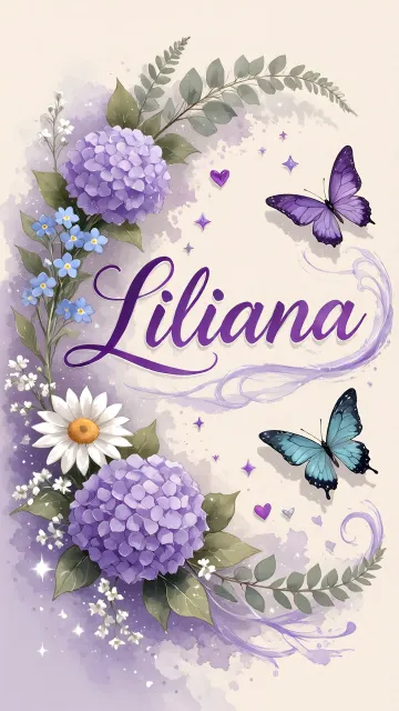 Liliana diseño 2 - Diseño elegante de hortensias en tonos lila y morados suaves, con volutas estilizadas y una mariposa mística que aporta un toque etéreo y mágico.