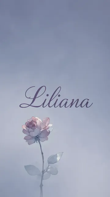 Liliana diseño 5 - Nombre en elegante tipografía cursiva caligráfica en tono lavanda, sobre fondo acuarela de cielo nublado en tonos pastel (azul, blanco, lavanda), decorado con rosa en acuarela de pétalos rosa pálido, blanco crema y lilas suaves con hojas en gris-verde.