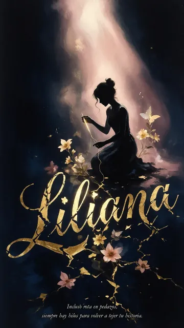 Liliana diseño 6 - Composición de ilustración semirrealista cinematográfica con silueta femenina tejiendo un hilo dorado de luz sobre un suelo oscuro fracturado al estilo Kintsugi, donde el nombre resalta en un prominente guión caligráfico dorado que emerge de las grietas, rodeado de flores blancas, mariposas y un fondo degradado de azules profundos iluminado por una luz celestial en tonos melocotón y crema, con una frase de aliento en tipografía blanca en la parte inferior.