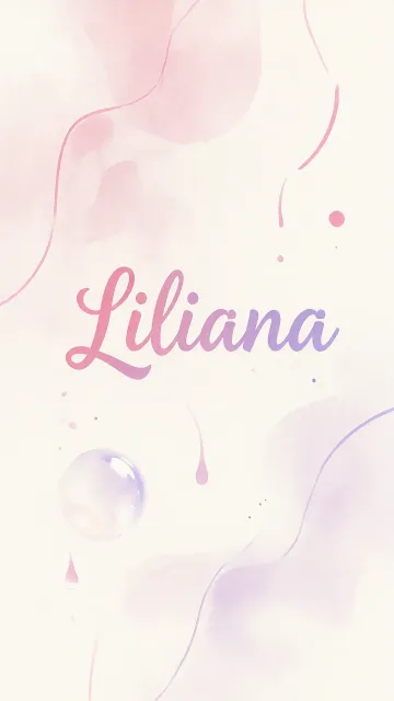 Liliana diseño 7 - Diseño abstracto en acuarela sobre fondo crema, con manchas fluidas y etéreas en rosa pastel y lila, líneas curvas que aportan movimiento, pequeñas gotas salpicadas cayendo verticalmente y una burbuja translúcida en la parte superior izquierda. El nombre resalta al centro con una tipografía cursiva amplia y elegante en degradado rosa a morado.